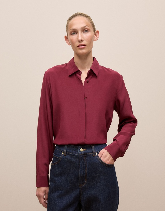 Trenery - Silk Concealed Placket Shirt in Red Mahogany