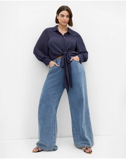 City Chic - Plus size Jane Tie Hem Shirt - navy