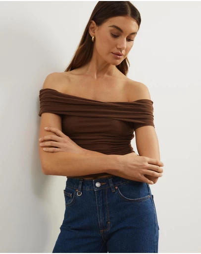 Atmos&Here - Elka Short Sleeve Mesh Off Shoulder Top