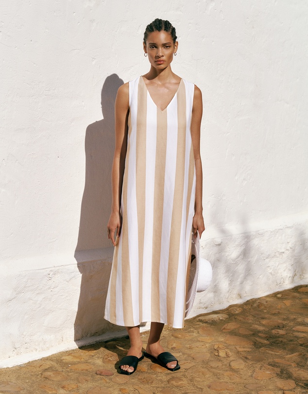 Trenery - Cabana Stripe V Neck Sleeveless Dress in Sand