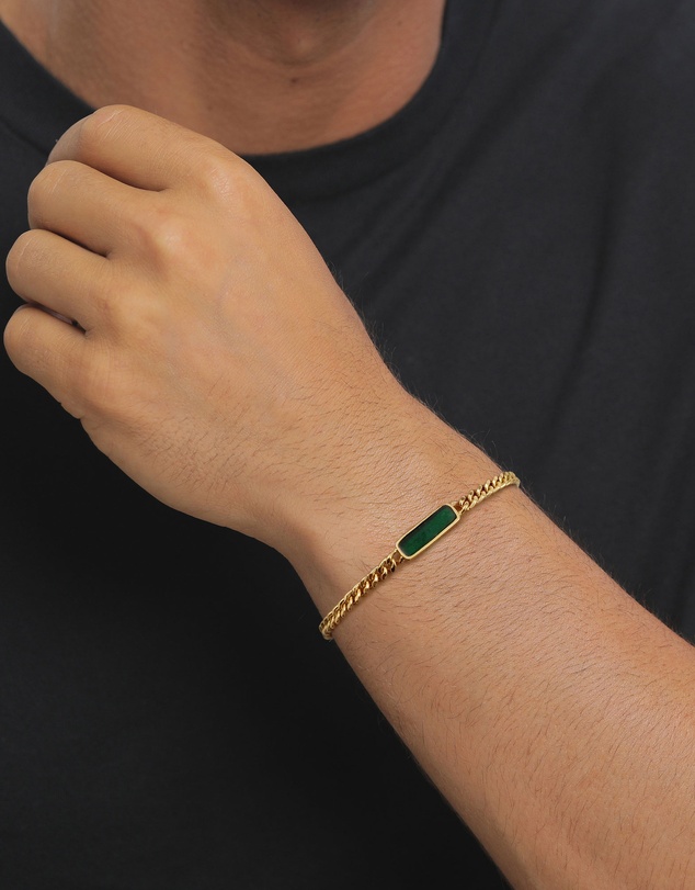 Kuzzoi - ICONIC EXCLUSIVE - Green Enamel ID Bar Bracelet in Gold-Plated 925 Silver