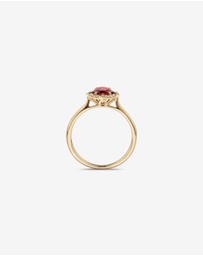 Michael Hill - Oval Cut Created Ruby and Diamond Halo Ring in 10kt Yellow Gold