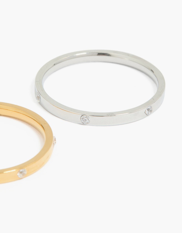 Lovisa - Waterproof Mixed Metals Plated Stainless Steel Skinny Cubic Zirconia Dot Rings 2-Pack