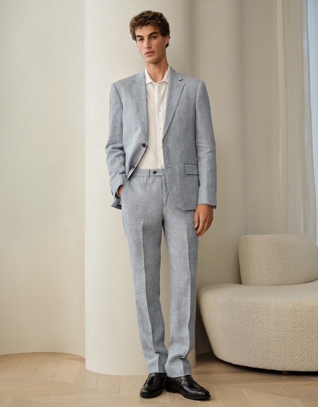 Trenery - Textured Linen Straight Leg Trouser in Smoke Blue