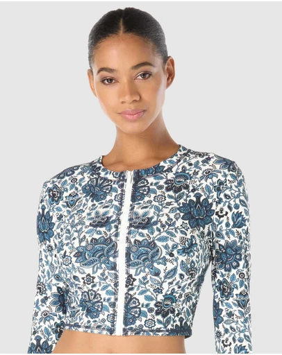 Michael Kors - Provincial Fleur Cropped Zip Front Long Sleeve Rashguard