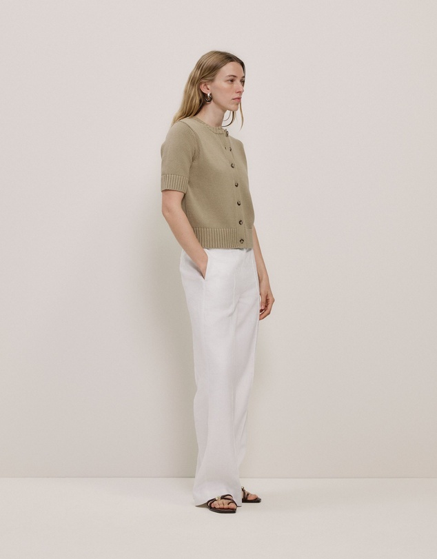 Trenery - Cotton Knit Short Sleeve Cardigan in Olive Brown