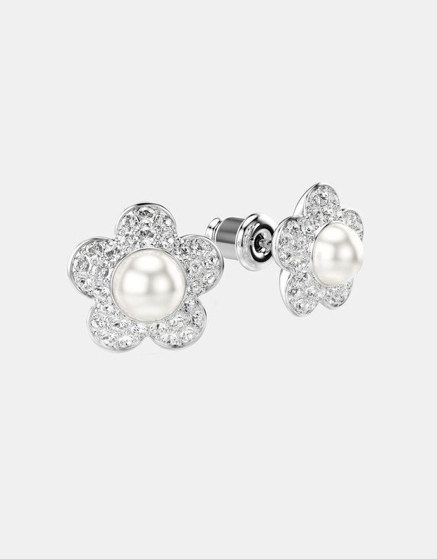 Swarovski - Ariana Grande x Swarovski Stud Earrings, Crystal Pearl, Round Cut, Flower, White, Rhodium Plated