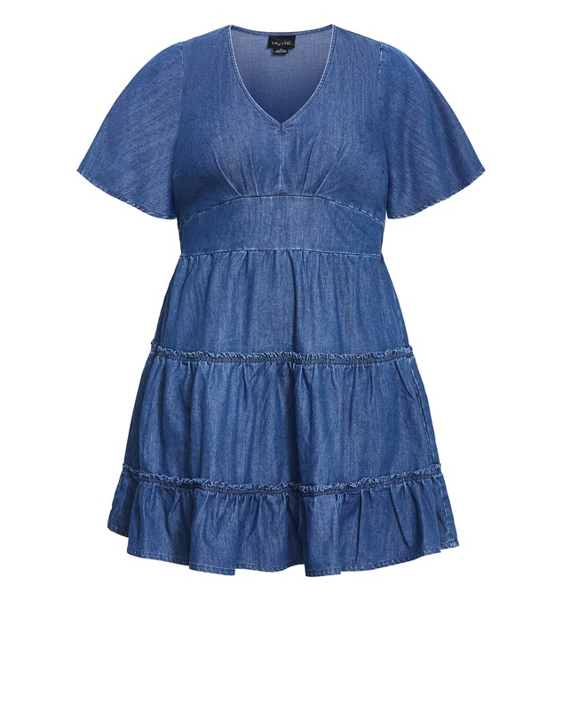 City Chic - Plus size May Tiered Denim Mini Dress - mid wash