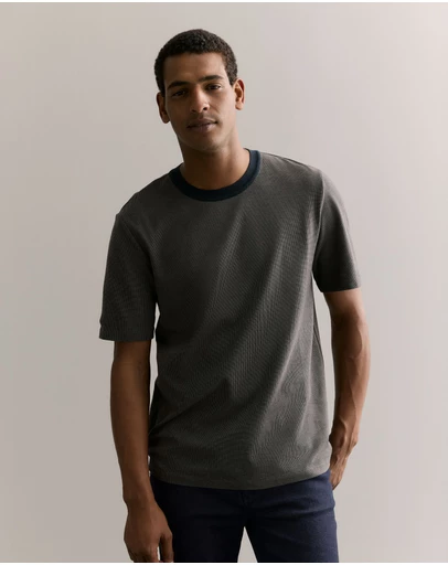 Trenery - Cotton Jacquard Contrast Collar T-shirt in Navy