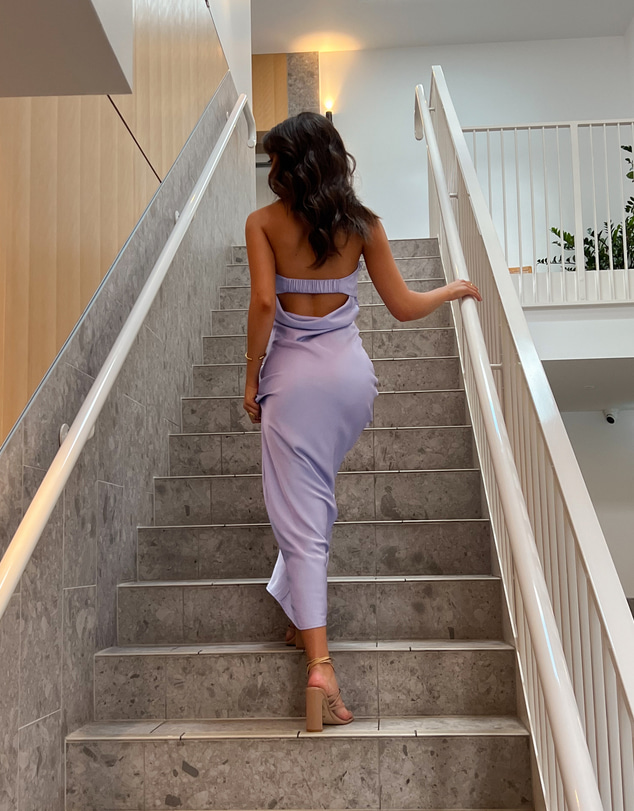 Beginning Boutique - Rhea Purple Satin Strapless Maxi Dress