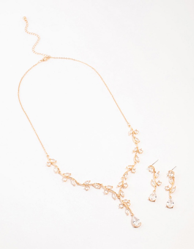 Lovisa - Gold Creeping Crystal Roses Necklace & Earrings Set