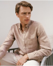 Trenery - Regular Fit Yarn Dyed Linen Grid Shirt in Camel