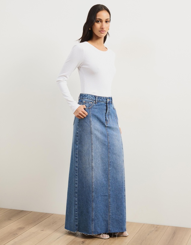 Atmos&Here - Straight Denim Maxi Skirt With Seam Detail
