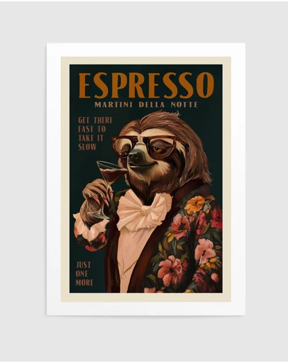 Olive et Oriel - Art Deco Espresso Martini Drinking Sloth by The Whiskey Ginger Art Print
