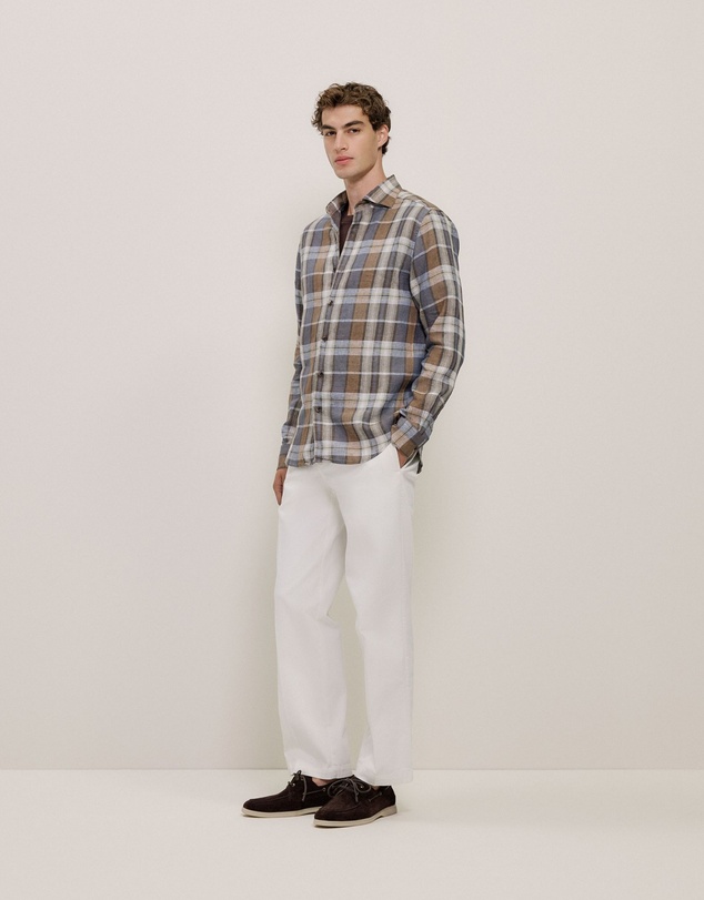 Trenery - Tailored Fit Delave Linen Check Shirt in Cocoa
