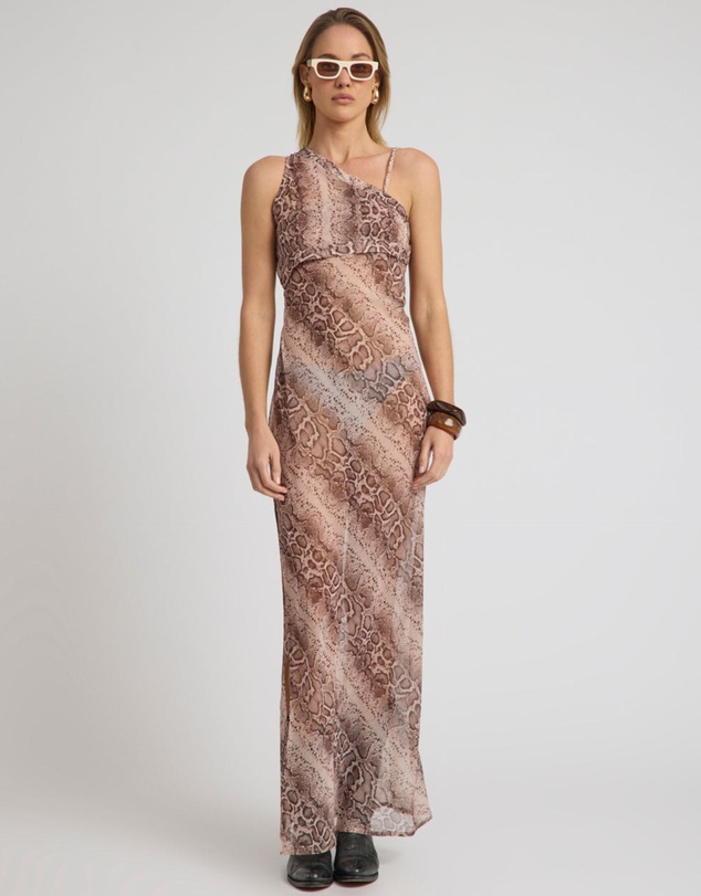 ONE TEASPOON - Negroni Sheer Chiffon One Shoulder Maxi Dress - Cognac Snake