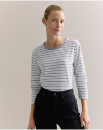 Trenery - Cotton Stripe 3/4 Sleeve T-shirt in Cornflower Blue