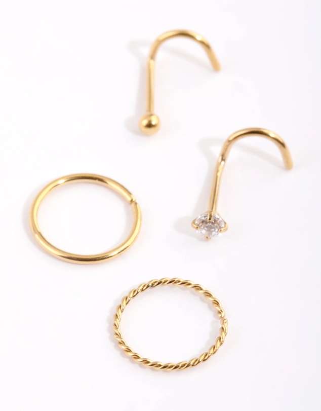 Lovisa - Gold Plated Surgical Steel Diamante Twisted Nose Ring 4-Pack