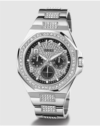 GUESS - Silver-Tone Multi-function Men's 46mm Black Dial with Crystals on Bezel and Strap Analogue Watch