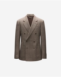 Calibre - Double-Breasted Glen Check Wool Blazer Mahogany