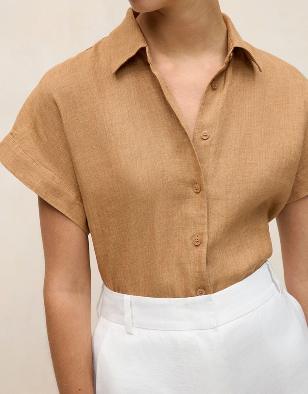 Trenery - Delave Linen Cap Sleeve Shirt in Sahara Tan