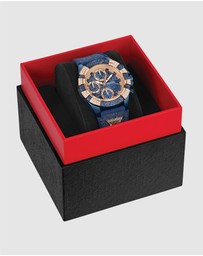 GUESS - ICONIC 40TH Denim 39mm Rose Gold-Tone Case Blue Silicone Strap