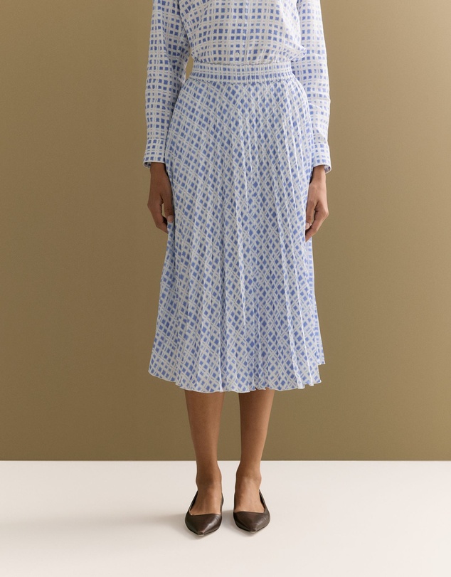 Trenery - Geo Grid Print Pull On Pleated Skirt in Cornflower Blue