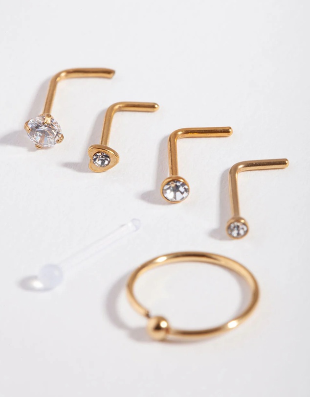 Lovisa - Gold Surgical Steel Mixed Diamante Nose Stud 6-Pack