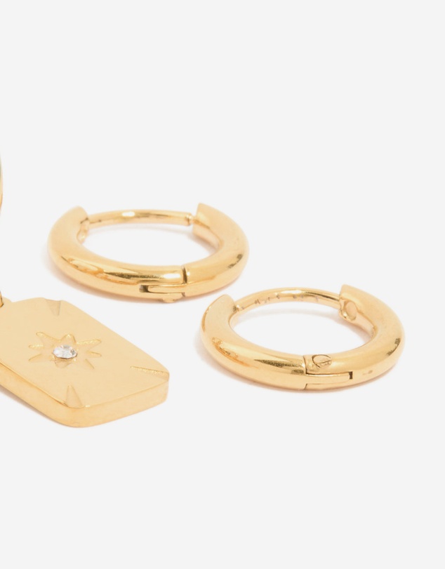 Lovisa - Waterproof Gold Plated Stainless Steel Cubic Zirconia Star Disc & Huggie Earrings 3-Pack