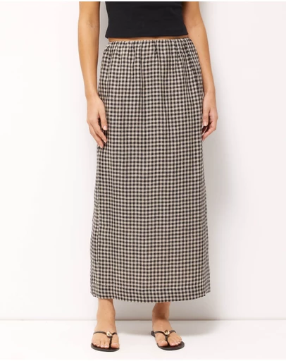 AERE - Isla Linen Gingham Midi Skirt