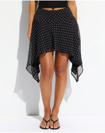 Dazie - Devotion Polka Chiffon Asymmetric Mini Skirt