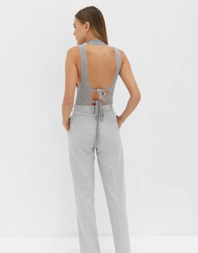 Style Addict - Mock Neck Tie Back Top - Grey