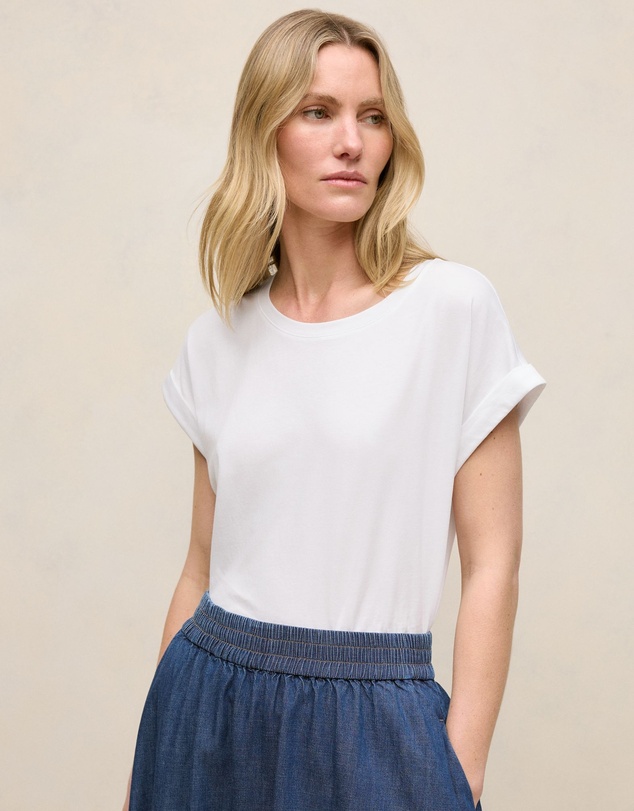 Trenery - Cotton Cuff Sleeve T-shirt in White