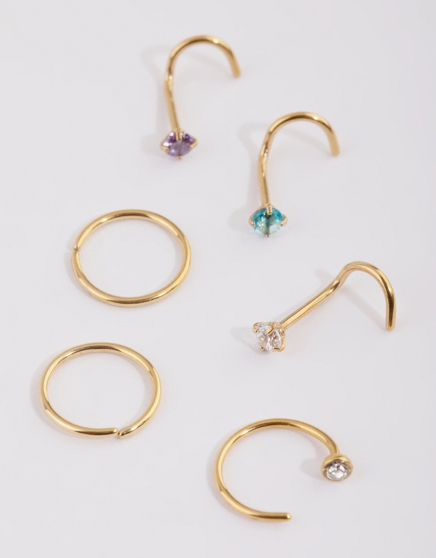 Lovisa - Gold Plated Surgical Steel Pastel Diamante Nose Stud 6-Pack