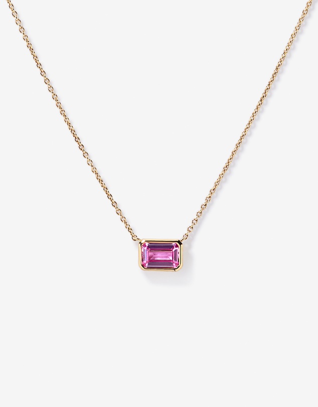 Michael Hill - Emerald Cut Pink Created Sapphire East-to-West Set Bezel Necklace with Chain in 10kt Yellow Gold