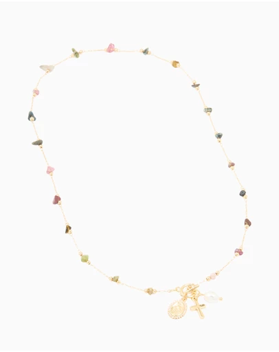 Lovisa - Gold Plated Multicoloured Semi Precious Stone Freshwater Pearl Cross Charm Necklace