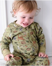 B Free Intimate Apparel - 100% Organic 2-Way Zip Sleepsuit - Baby & Toddler Khaki Native Aussie Animals