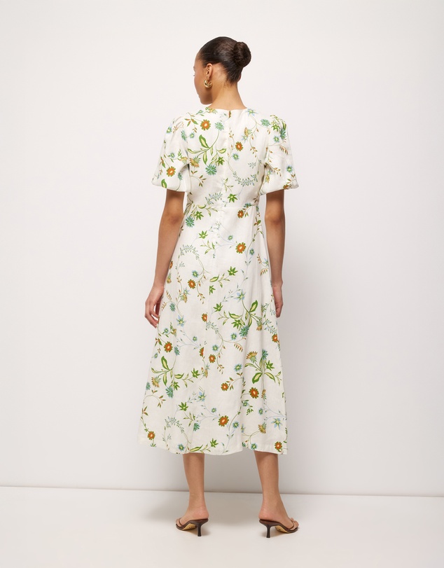AERE - Clea Linen Puff Sleeve Midi Dress
