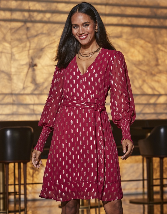 Sosandar - Metallic Spot Print Belted Wrap Dress