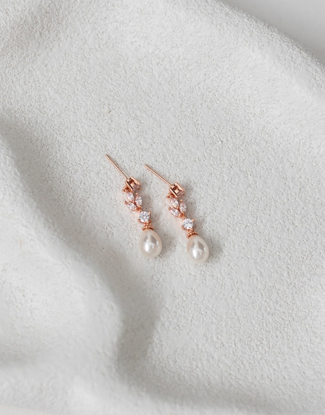 The White Collection - Hazel - Rose Gold Pearl Bridal Drop Earrings