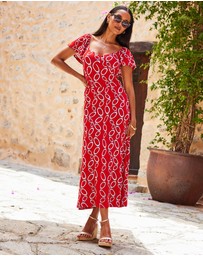 Sosandar - Chain Print Angel Sleeve Fit & Flare Midi Jersey Dress