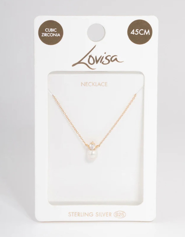 Lovisa - Gold Plated Sterling Silver Pearl Cubic Zirconia Necklace