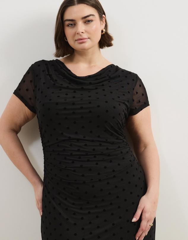 Atmos&Here Curvy - Sara Polkadot Mesh Midi Dress With Cap Sleeve