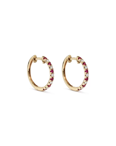 Michael Hill - 0.22 Carat TW Diamond and Created Ruby Huggie Hoop Earrings in 10kt Yellow Gold