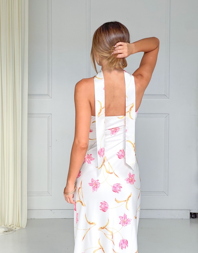 Beginning Boutique - Icelynn Cream Floral Print Strapless Satin Maxi Dress