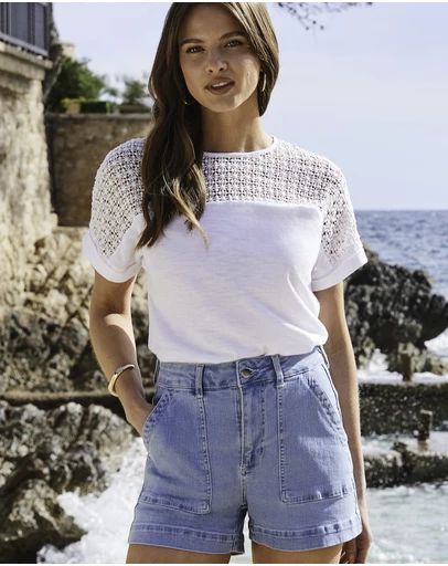 Sosandar - Lace Detail Cotton T-Shirt