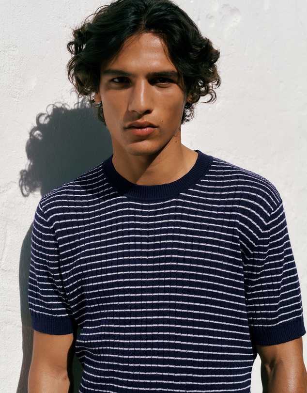 Trenery - Linen Cotton Rib Stripe Knit T-shirt in Navy