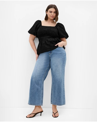 City Chic - Plus size Daniella Jacquard Puff Sleeve Top - black
