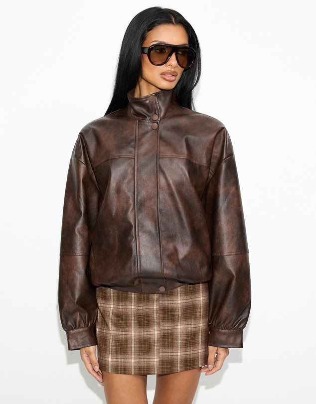 Dazie - Cool Nights Oversized Funnel Leather Look Jacket