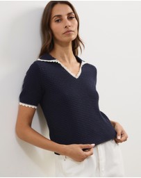 Atmos&Here - Issa Short Sleeve V-Neck Knit Polo with Contrast Trim
